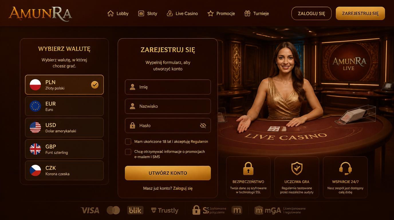 Interfejs rejestracji w Amunra Casino z formularzem i bezpieczeństwem