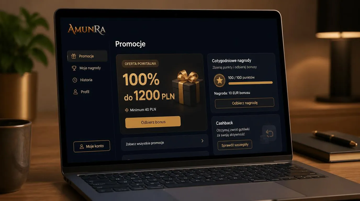 Ekran promocji kasyna z bonusem 100% do 1200 PLN, minimalną wpłatą 40 PLN i paskiem punktów tygodniowych