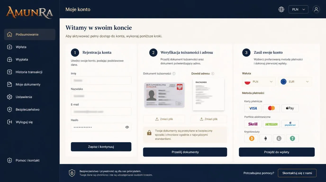 Panel rejestracji i weryfikacji z dokumentem tożsamości oraz wyborem metody wpłaty